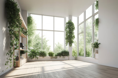 minimalist room with lush greenery and natural light, created with generative aiの素材