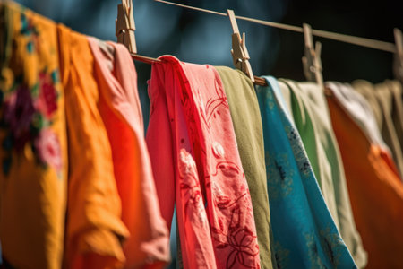 close-up of bright and colorful garments hanging on a clothesline, created with generative aiの素材
