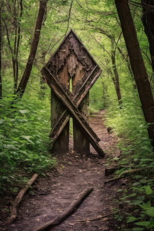 rustic wooden arrow sign on a nature trail, created with generative aiの素材