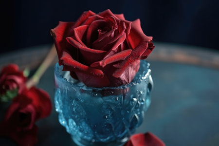 red rose in a blue vase, delicate and beautiful, created with generative aiの素材