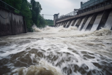 close-up of hydroelectric power plant, with the rushing water and electricity visible, created with generative aiの素材