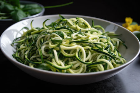 zucchini spiralized, tossed in fresh basil and olive oil, created with generative aiの素材