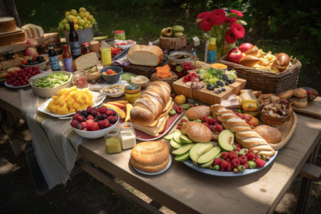 a picnic table set with a variety of foods, including sandwiches, fruits, chips and sweets, created with generative aiの素材