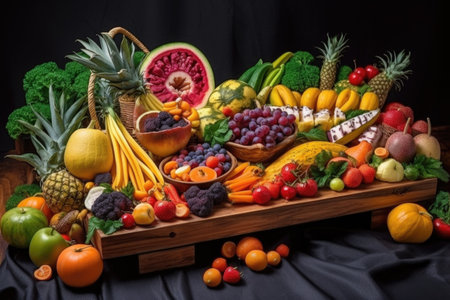 creative mix of different foods, including fruits and vegetables, to create colorful and appetizing display, created with generative aiの素材