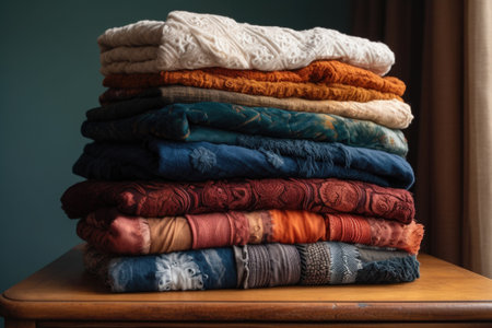 stack of fabrics of varying textures and colors, created with generative aiの素材