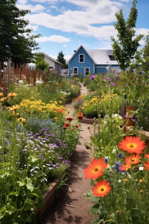 colorful community garden with blooming flowers, created with generative aiの素材