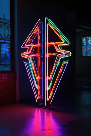 arrow-shaped neon sign glowing in the dark, created with generative aiの素材
