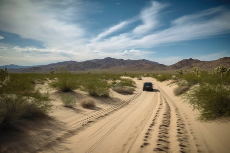 scenic road trip through the desert, with sand dunes and cacti in the background, created with generative aiの素材
