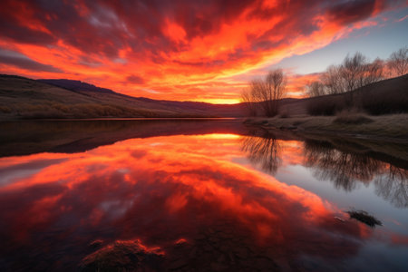 serene lake reflections during sunset, with sky showing vibrant hues of orange and red, created with generative aiの素材