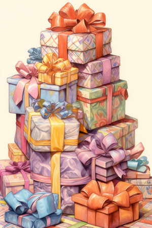 stack of wrapped presents with ribbons and bows, created with generative aiの素材