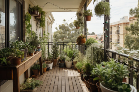 balcony with hanging baskets and pots of trailing greenery, created with generative aiの素材