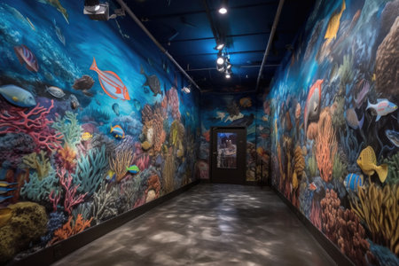 colorful mural depicting underwater world, with sea creatures and coral, created with generative aiの素材