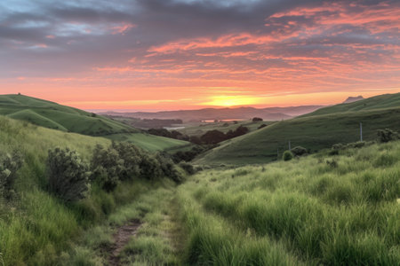 rolling countryside hills, with colorful sunrise and clouds in the background, created with generative aiの素材