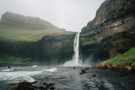 majestic waterfall with cascading water and mist in the distance, created with generative aiの素材
