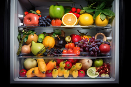 refrigerator or freezer filled with colorful fruits and vegetables, created with generative aiの素材