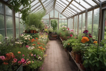 greenhouse with greenery and blooming flowers, created with generative aiの素材