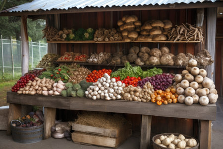vegetable stand with variety of vegetables and fruits, including mushrooms and herbs, created with generative aiの素材