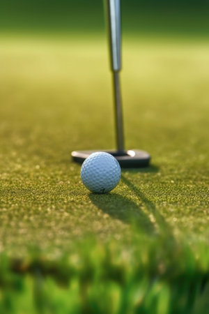 close-up of a putter striking a golf ball on the green, created with generative aiの素材