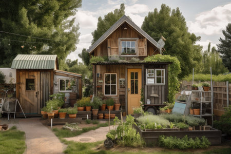 tiny home with vegetable garden and herbs for cooking, created with generative aiの素材