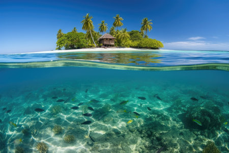 remote island with crystal clear water and tropical fish, created with generative aiの素材