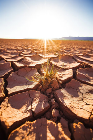 close-up of cracked, dry desert soil with sun flare, created with generative aiの素材