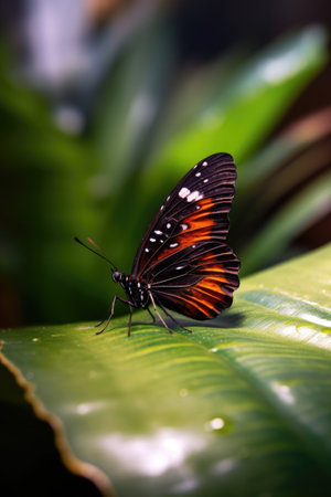 butterfly resting on a leaf with a blurred background, created with generative aiの素材