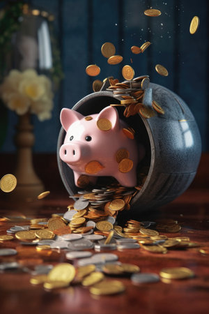 broken piggy bank with coins spilling out, created with generative aiの素材