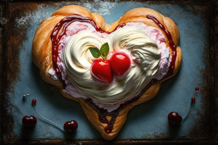 heart-shaped danish pastry with whipped cream and cherry topping, created with generative aiの素材