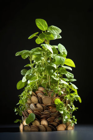 pile of coins with a growing plant on top, symbolizing financial growth, created with generative aiの素材