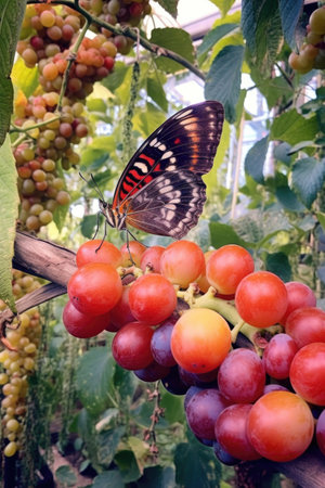 butterfly feeding on ripe fruit in a garden, created with generative aiの素材