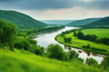 serene landscape of rolling green hills with a river in the background, created with generative aiの素材