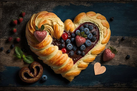 heart-shaped danish pastry with a mix of fruit flavors and creamy cheeses, created with generative aiの素材