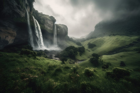 majestic waterfall with misty clouds in the sky, created with generative aiの素材