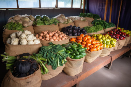 freshly picked vegetables and fruit arranged in bundles for customer to buy, created with generative aiの素材