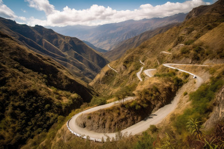 a winding road through the mountains, with a breathtaking view of the valley below, created with generative aiの素材
