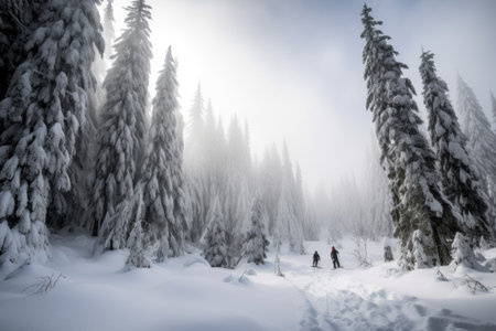 winter sports (skiing, snowboarding, snowshoeing) in a lush green forest, created with generative aiの素材
