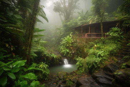 wellness retreat in lush rainforest, with misty atmosphere and crashing waterfalls, created with generative aiの素材