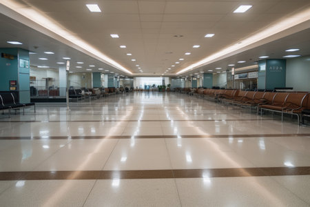 empty airport terminal, with passengers and their luggage boarding the plane on the other side of security checkpoint, created with generative aiの素材