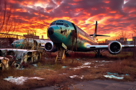 airplane graveyard at sunset with vibrant hues, created with generative aiの素材