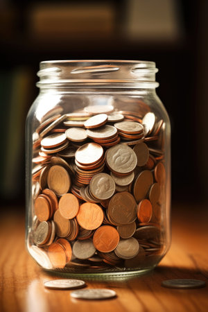 saving jar filled with coins near a budget plan, created with generative aiの素材