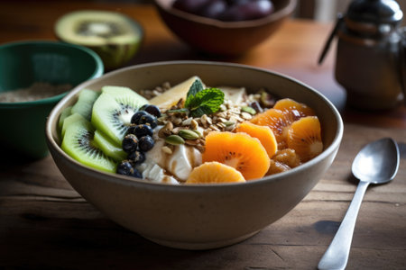 delicately layered breakfast bowl, made with fruit, nuts and seeds, created with generative aiの素材
