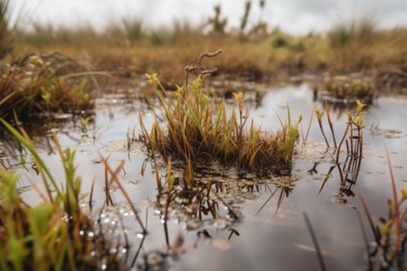 close-up of marshland, with water droplets and plants visible, created with generative aiの素材
