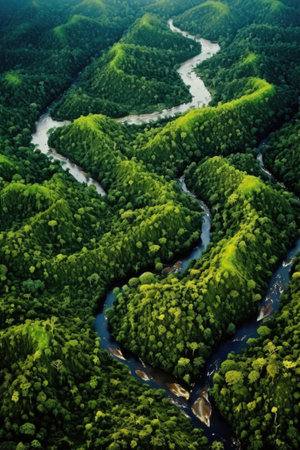 aerial view of lush green forests and meandering rivers, created with generative aiの素材