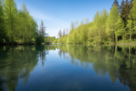 serene lake with reflections of trees and clear blue skies, created with generative aiの素材