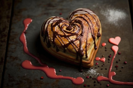 heart-shaped cinnamon roll, drizzled with chocolate icing and topped with sprinkles, created with generative aiの素材