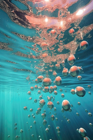 air bubbles rising in clear blue water, created with generative aiの素材
