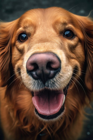 close-up of a smiling dogs face and eyes, created with generative aiの素材