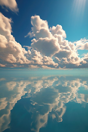 fluffy clouds floating above a serene lake or ocean, created with generative aiの素材