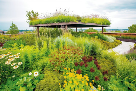 green rooftop garden, with unique plants and flowers, created with generative aiの素材