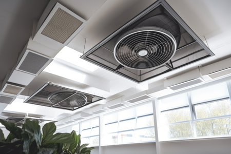 ventilation and exhaust system, with the fan in motion, bringing fresh air into the space, created with generative aiの素材